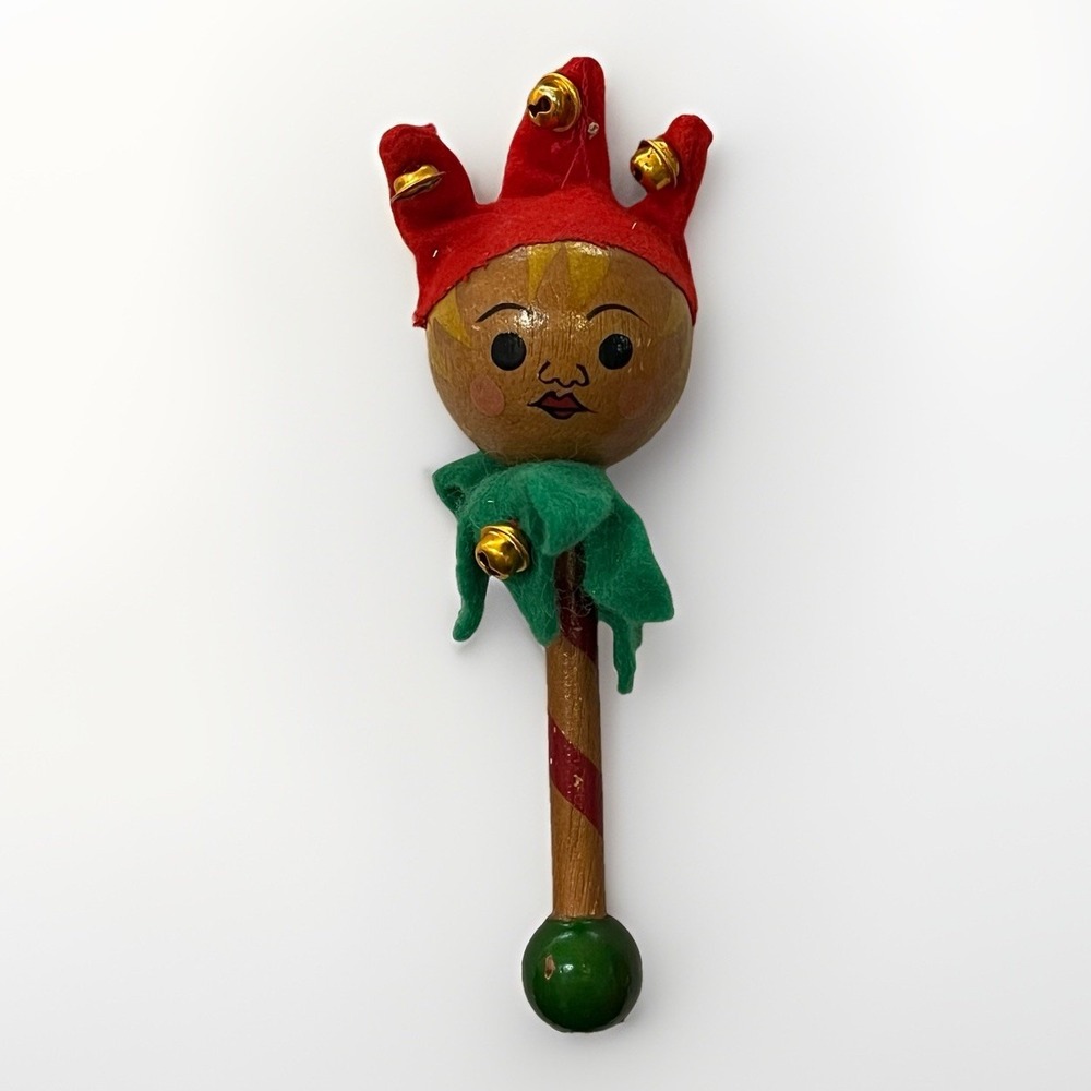 Wooden ELF CLOWN JESTER Head Felt Hat Bells Rattle Christmas Ornament Handmade